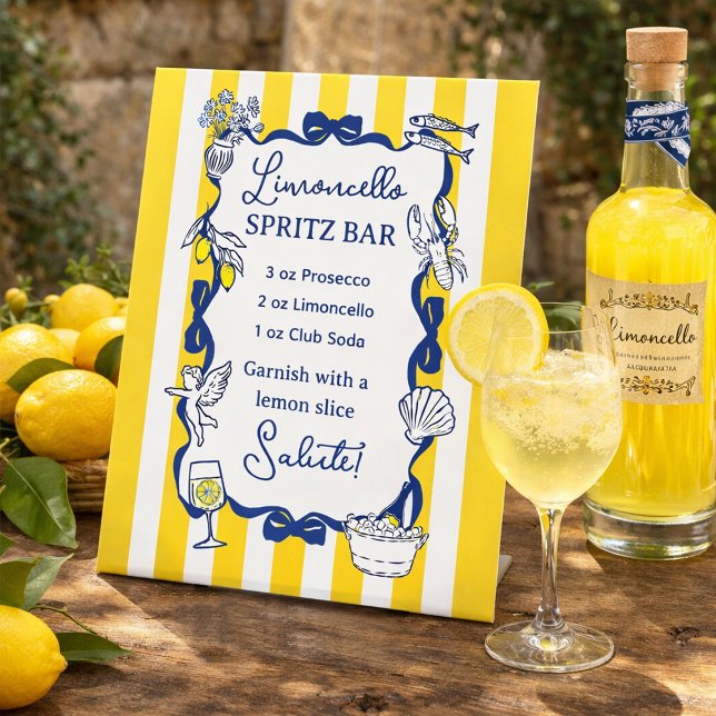 Signe De Table Limoncello Spritz Bar Yellow Stripe La Dolce Vita  (La Dolce Vita Yellow Stripe Limoncello Spritz Bar Pedestal Sign)