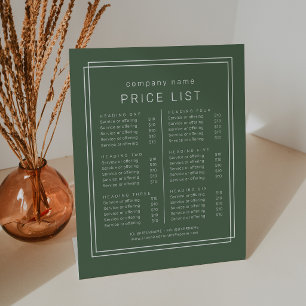 Signe De Table Liste de prix des services commerciaux bohème vert