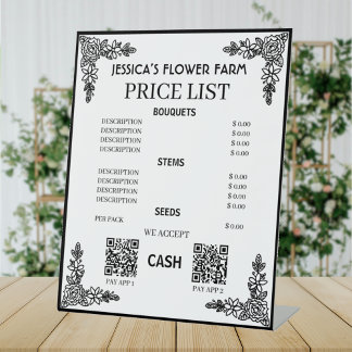 Signe De Table Liste de prix florale noir et blanc avec code QR p