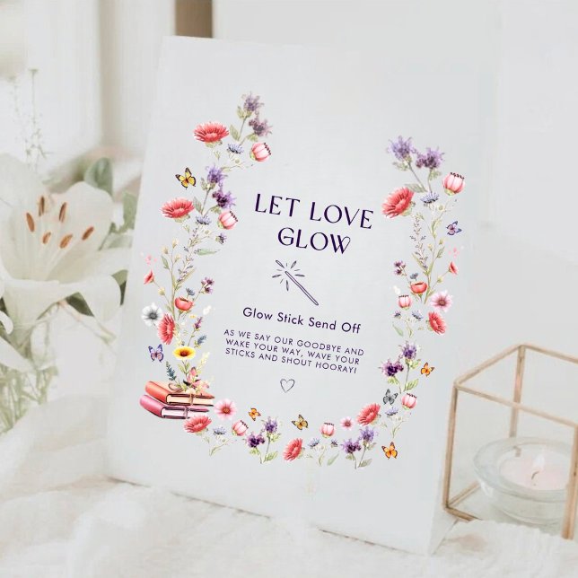 Signe De Table Livre de fleurs sauvages Boho Fête de mariage Let  (Boho “Let Love Glow” floral sign for a romantic bridal shower display.)