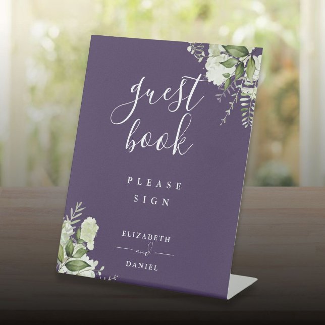 Signe De Table Livre d'hôtes Purple Elegant Floral Green (Purple Elegant Floral Greenery Guest Book Pedestal Sign)