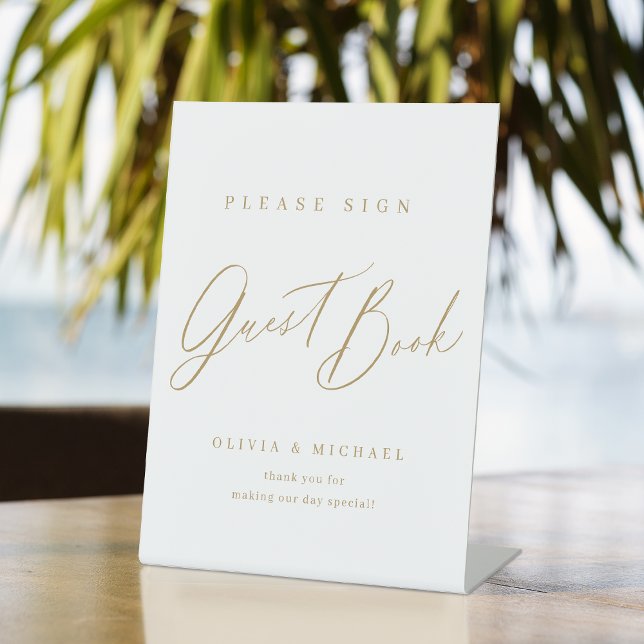 Signe De Table Livre d'invité du mariage de script moderne Gold m (Gold minimal modern script wedding guest book pedestal sign)