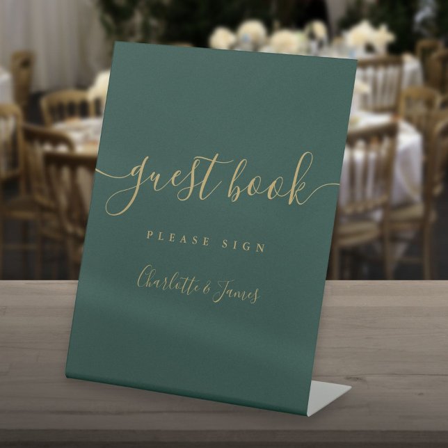 Signe De Table Livre D'Invité Emerald Green Et Gold Script (Emerald Green And Gold Script Guest Book Pedestal Sign)