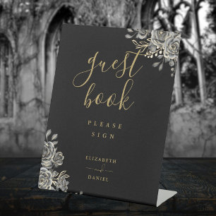 Signe De Table Livre D'Invité Gothique Rose Floral Noir Et Or