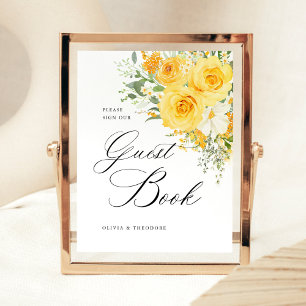 Signe De Table Livre d'or de mariage avec fleurs jaunes de rose s