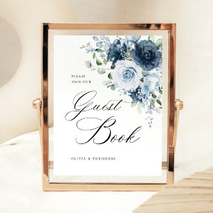 Signe De Table Livre d'or de mariage sur table Fleurs Bleu Poussi