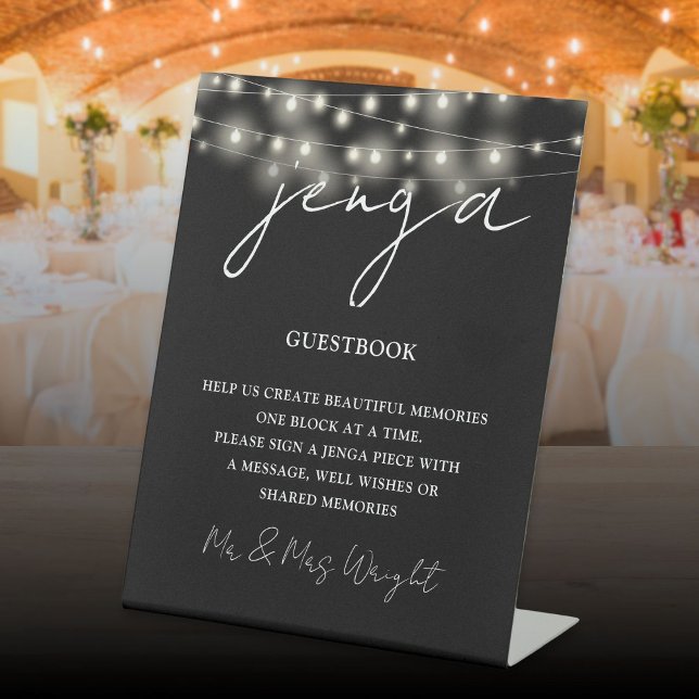 Signe De Table Livre d'or Jenga avec guirlandes noir et blanc (Jenga Guestbook Black And White String Lights Pedestal Sign)
