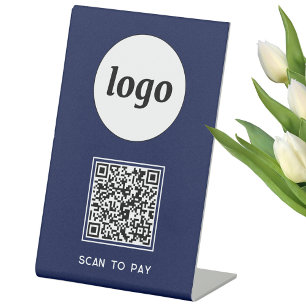 Signe De Table Logo Code QR Entreprise Numériser pour Payer Bleu 