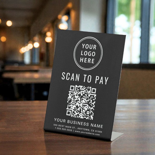 Signe De Table Logo de code QR noir pour paiement par numérisatio (Scan to Pay QR Code Logo Black Pedestal Sign)