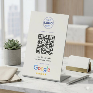 Signe De Table Logo de code QR pour avis Google blanc et propre