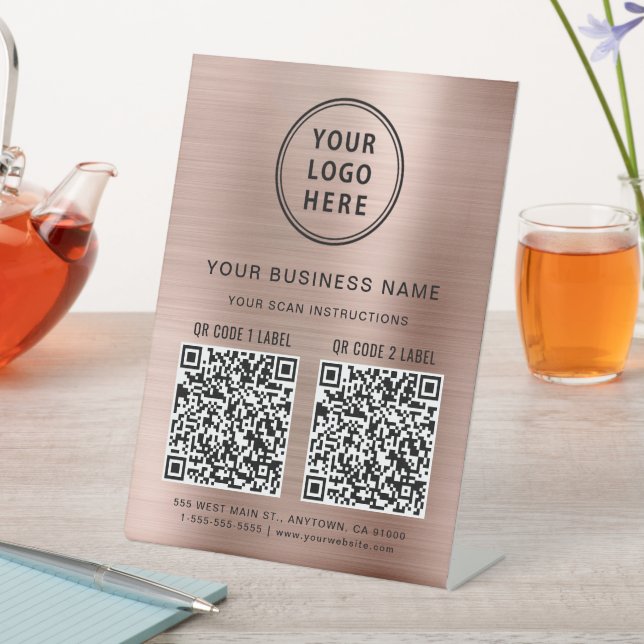 Signe De Table Logo d'entreprise 2 codes QR Rose Gold (In SItu)