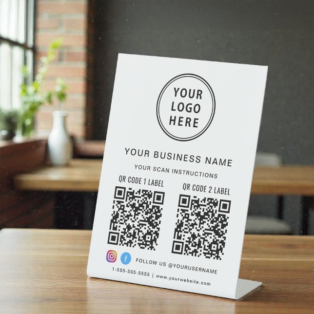 Signe De Table Logo d'entreprise de médias sociaux à double code  (Business Logo 2 QR Codes Social Media Pedestal Sign)