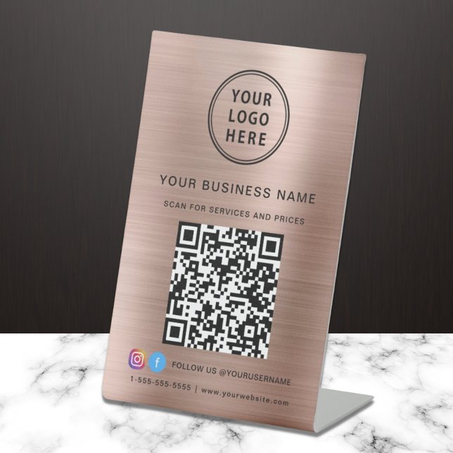 Signe De Table Logo d'entreprise QR Code Social Media Rose Gold (Créateur téléchargé)