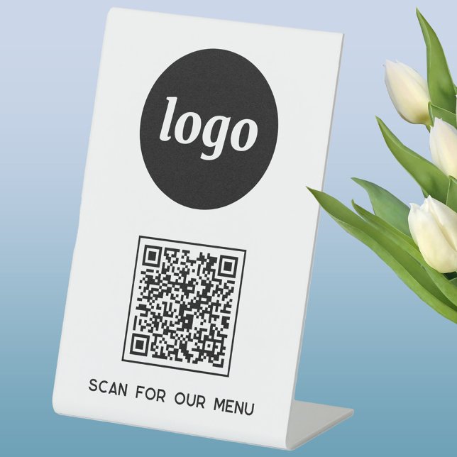 Signe De Table Logo du code QR Analyse d'entreprise pour le menu (Logo with QR code Scan for Menu custom business promotional pedestal sign)