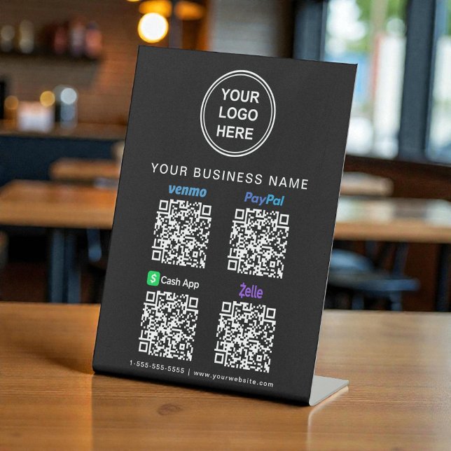 Signe De Table Logo Paypal Venmo CashApp Zelle Code QR Noir (Logo Paypal Venmo CashApp Zelle QR Code Black Pedestal Sign)