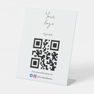 Signe De Table Logo personnalisé, code QR et texte noir et blanc