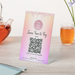 Signe De Table Logo QR Code Paie Parties scintillant rose ici Rai