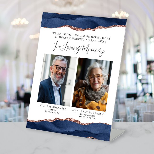 Signe De Table Loving Memory 2 Photo Navy Blue Rose Gold Wedding (Créateur téléchargé)