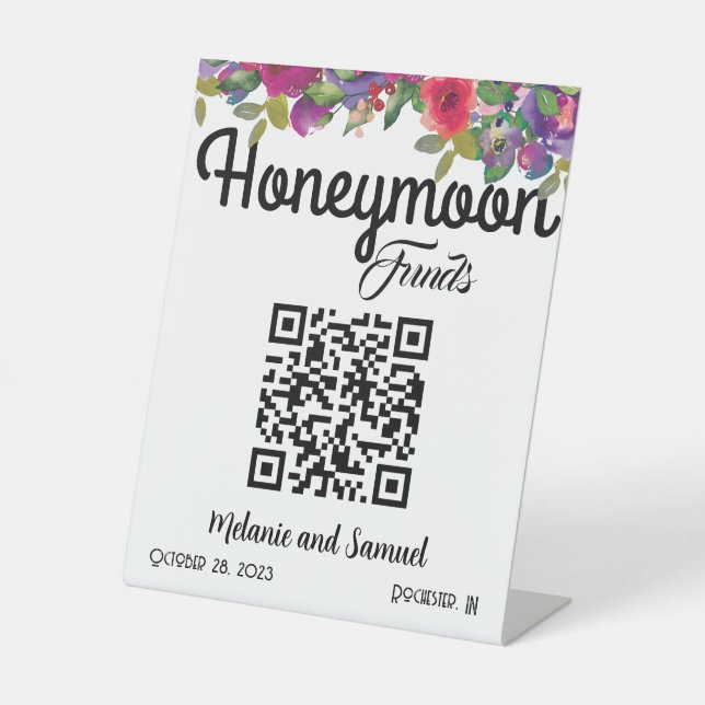 Signe De Table Lune de miel QR Code Floral Mariage (Recto)