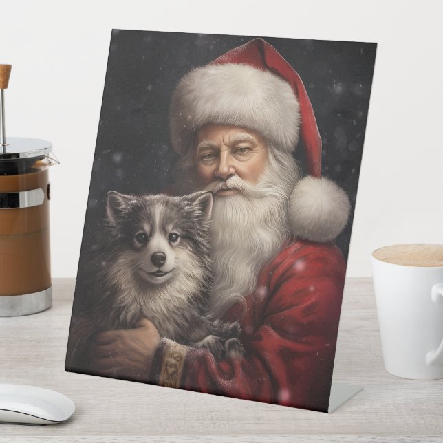 Signe De Table Malamute d'Alaska avec Noël du Père Noël (In SItu)