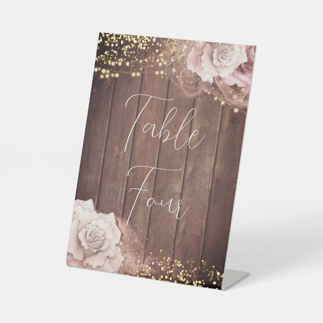 Signe De Table Mariage aquarelle Roses romantiques sur bois rusti (Recto)