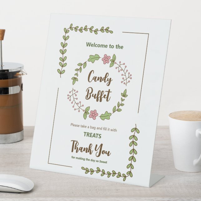 Signe De Table Mariage avec feuilles vertes et fleurs roses (In SItu)