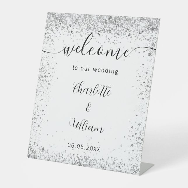 Signe De Table Mariage blanc argent parties scintillant noms scri (Recto)