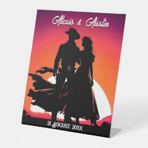 Signe De Table Mariage de Cowboy et Cowgirl au coucher du soleil