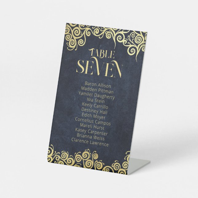 Signe De Table Mariage D'Hiver Bleu Et Or Fleuri (Recto)