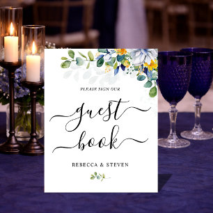 Signe De Table Mariage élégant à l'aquarelle jaune et bleu à moti