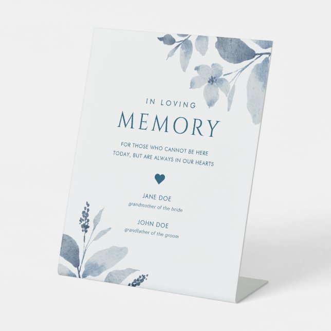 Signe De Table Mariage floral bleu Dusty dans la mémoire d'amour (Recto)