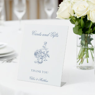 Signe De Table Mariage Floral Bleu Poussiéreux Élégant Classique