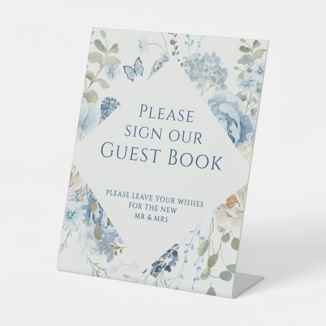 Signe De Table Mariage Floral Bleu Romantique Signer Notre Livre  (Recto)