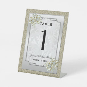 Signe De Table Mariage floral Gem Argent encadré, Or et Argent