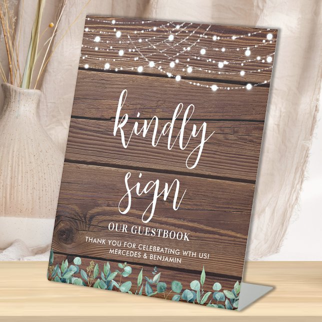 Signe De Table Mariage Invité Rustique Bois vert Lumières à corde (Créateur téléchargé)