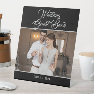 Signe De Table Mariage Livre d'invité Photo Élégant Script Argent
