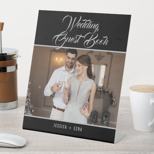 Signe De Table Mariage Livre d'invité Photo Élégant Script Argent (In SItu)