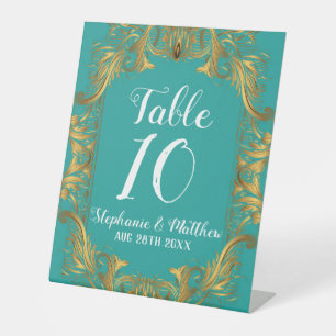 Signe De Table Mariage Turquoise et Or Flourdissant Numéro de tab