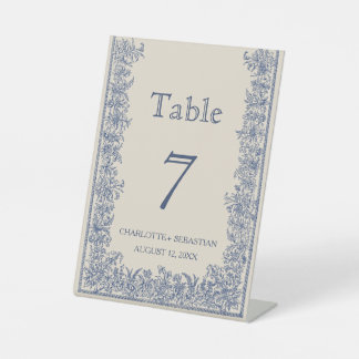 Signe De Table Mariage vintage à la frontière florale bleue