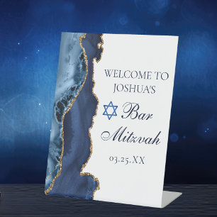Signe De Table Marine Blue Gold Agate Bar Mitzvah Party Bienvenue