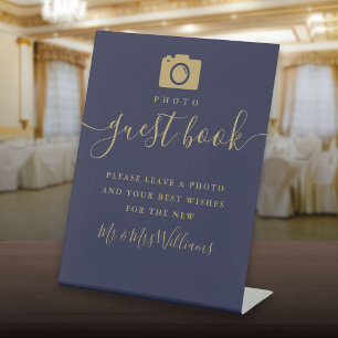 Signe De Table Marine Blue Gold Signature Script Photo Livre d'or