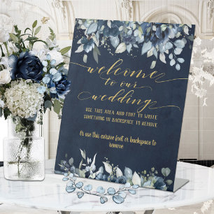 Signe De Table Marine Blue Peony & Gold Font Font Calligraphie
