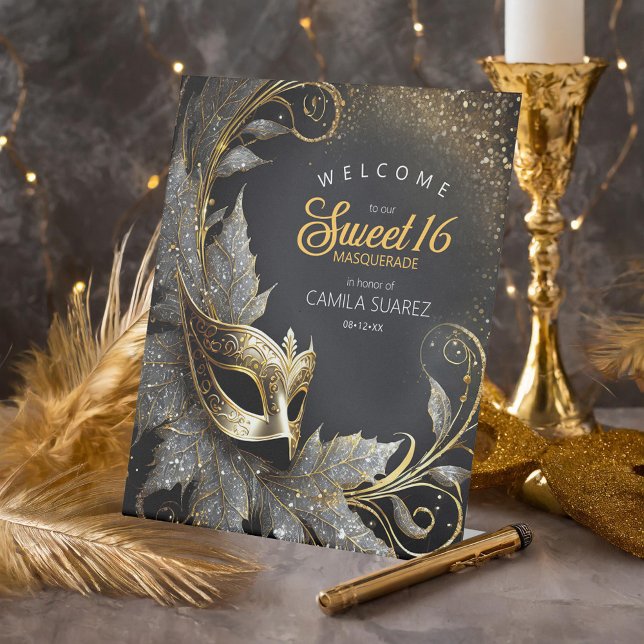 Signe De Table Masquerade Sweet 16 Welcome Black Gold ID1032 (Créateur téléchargé)