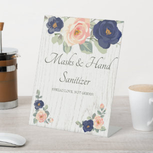 Signe De Table Masques et Sanitizer à la main bleu, Mariage flora