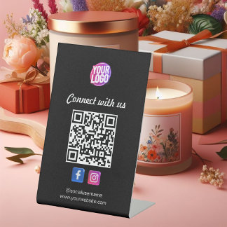 Signe De Table Médias sociaux avec code QR Carte de visite noir P