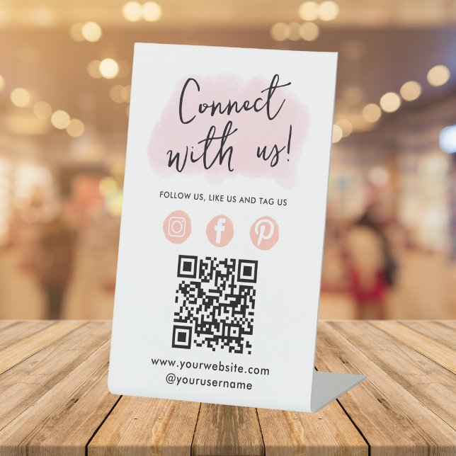 Signe De Table Médias Sociaux QR Code Se Connecter Avec Nous Rose (Créateur téléchargé)
