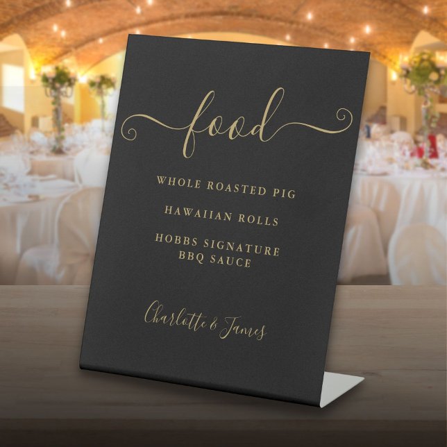 Signe De Table Menu Alimentation Black And Gold Signature Script (Black And Gold Signature Script Food Menu Pedestal Sign)