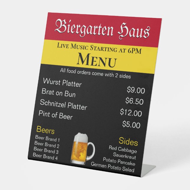 Signe De Table Menu allemand Biergarten Oktoberfest (Recto)