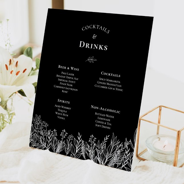 Signe De Table Menu Boissons Mariage Black and White Greenery (Créateur téléchargé)