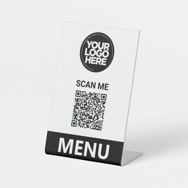 Signe De Table Menu Code QR Blanc | Logo Moderne Sans Contact (Recto)